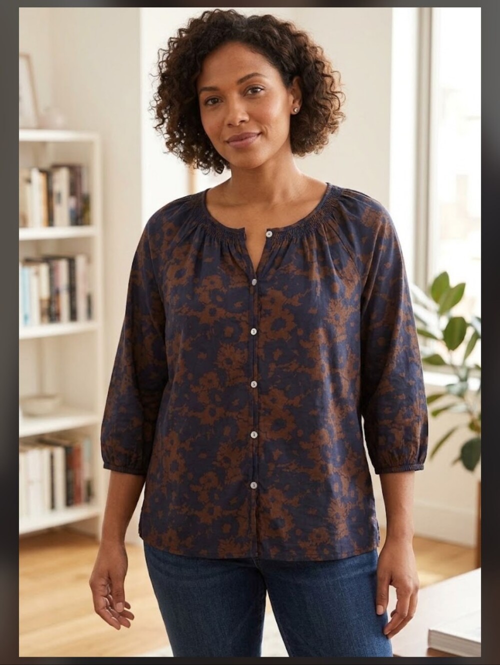 Time & Tru Button Down Blouse Brown And Blue Medium 100% Cotton